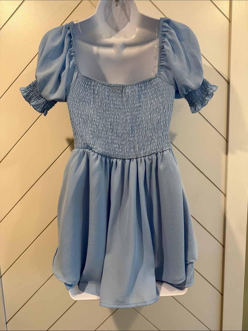 Light Blue Puff-Sleeve Mini Romper Dress - Picture 7 of 11